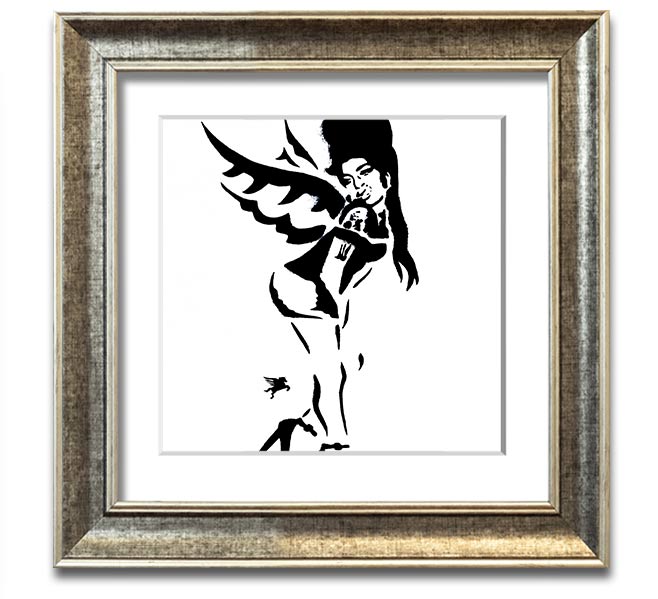 Square framed print of Amy Winehouse Wings, showcasing vibrant colors and elegant design, handmade in the UK.