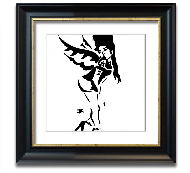 Square framed print of Amy Winehouse Wings, showcasing vibrant colors and elegant design, handmade in the UK.