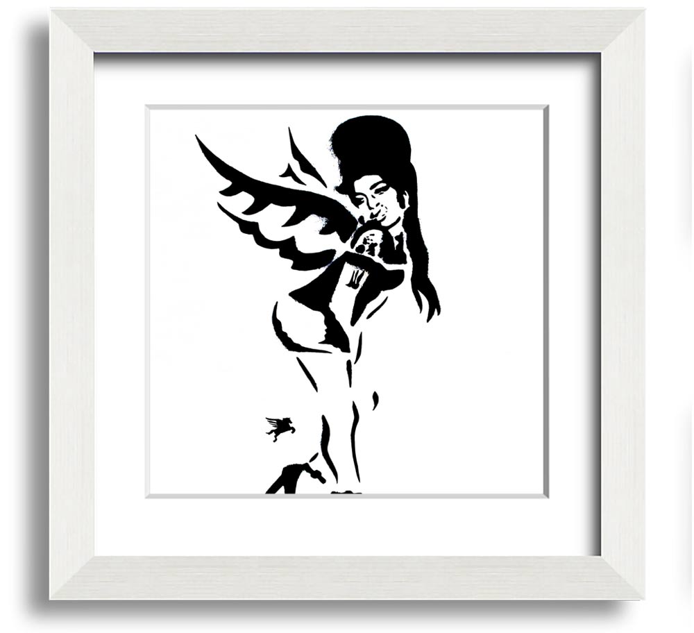 Square framed print of Amy Winehouse Wings, showcasing vibrant colors and elegant design, handmade in the UK.