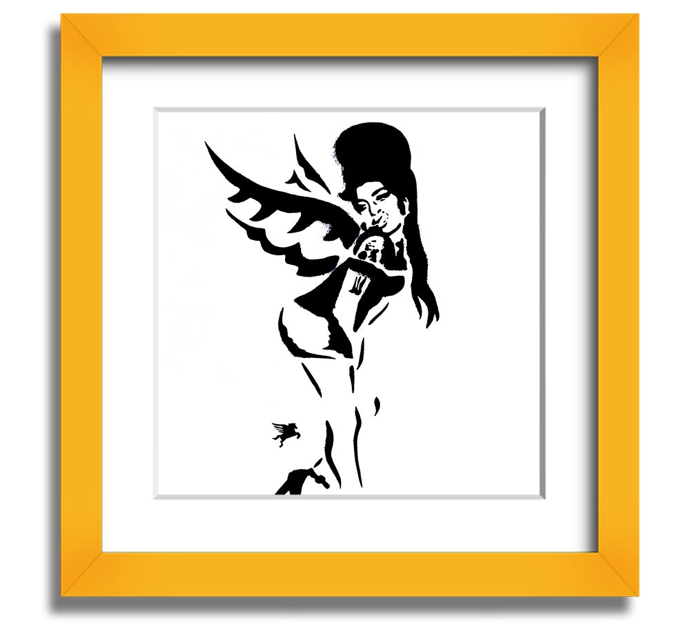 Square framed print of Amy Winehouse Wings, showcasing vibrant colors and elegant design, handmade in the UK.