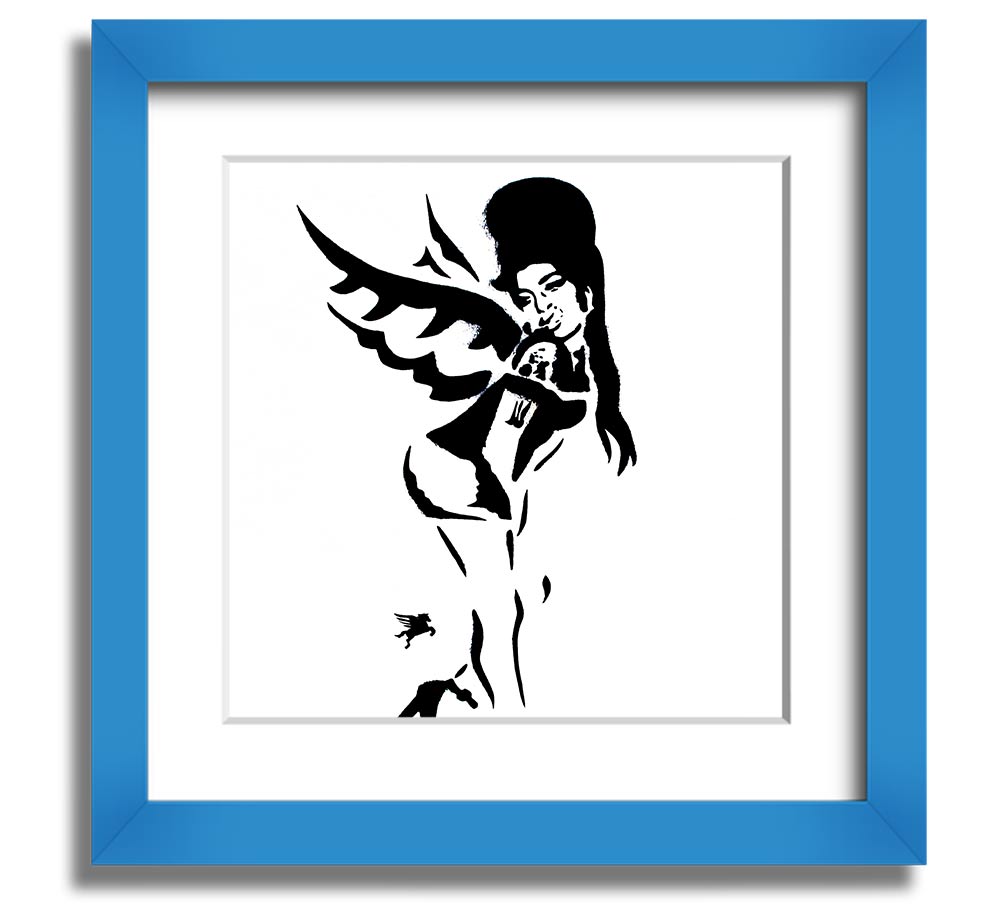 Square framed print of Amy Winehouse Wings, showcasing vibrant colors and elegant design, handmade in the UK.