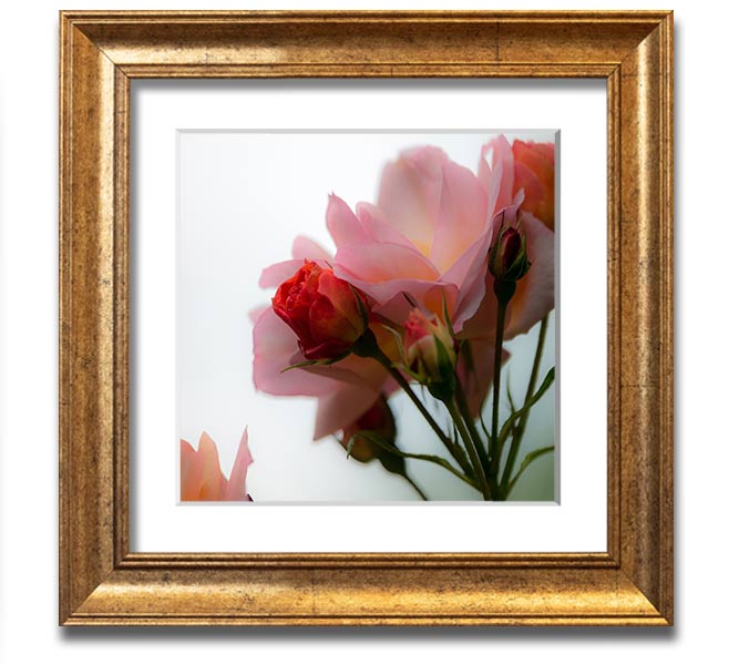 A square framed print featuring an array of vibrant pink flowers, elegantly displayed in a stylish frame.