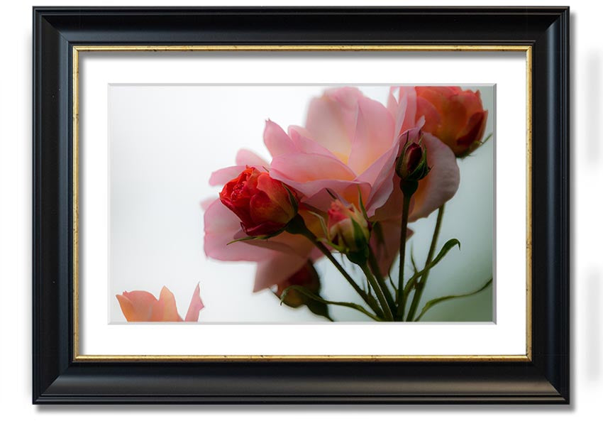 A beautifully framed print of an array of pink flowers, showcasing vibrant colors and intricate details, ready to hang on the wall.