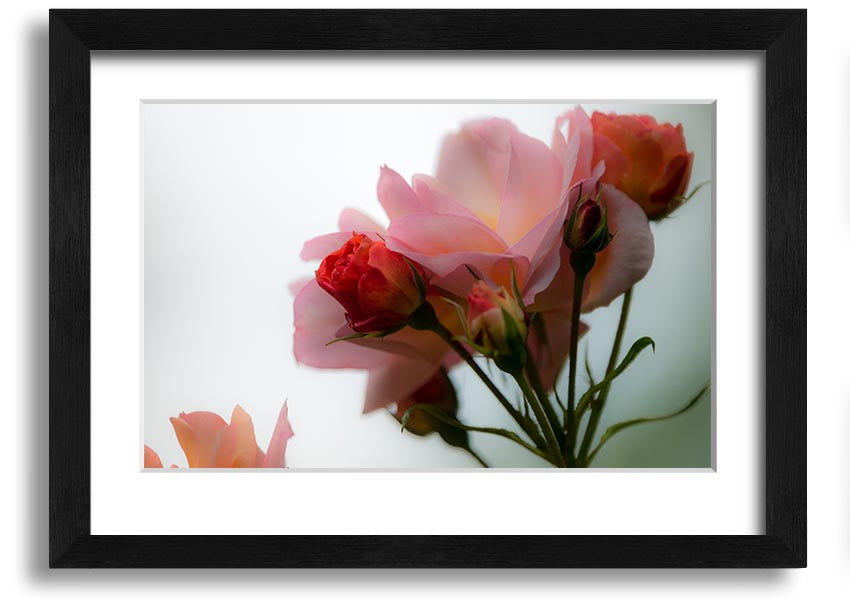 A beautifully framed print of an array of pink flowers, showcasing vibrant colors and intricate details, ready to hang on the wall.