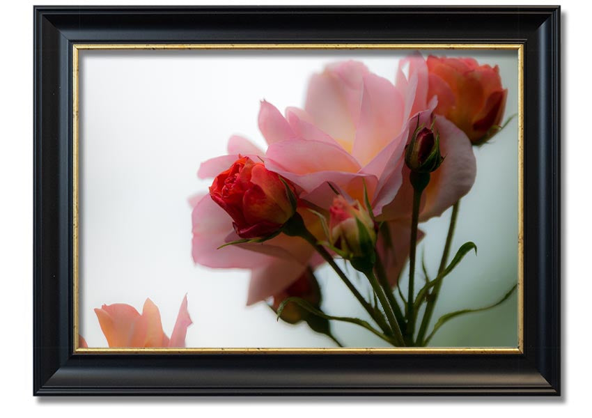 A beautifully framed print of an array of pink flowers, showcasing vibrant colors and intricate details, ready to hang on the wall.