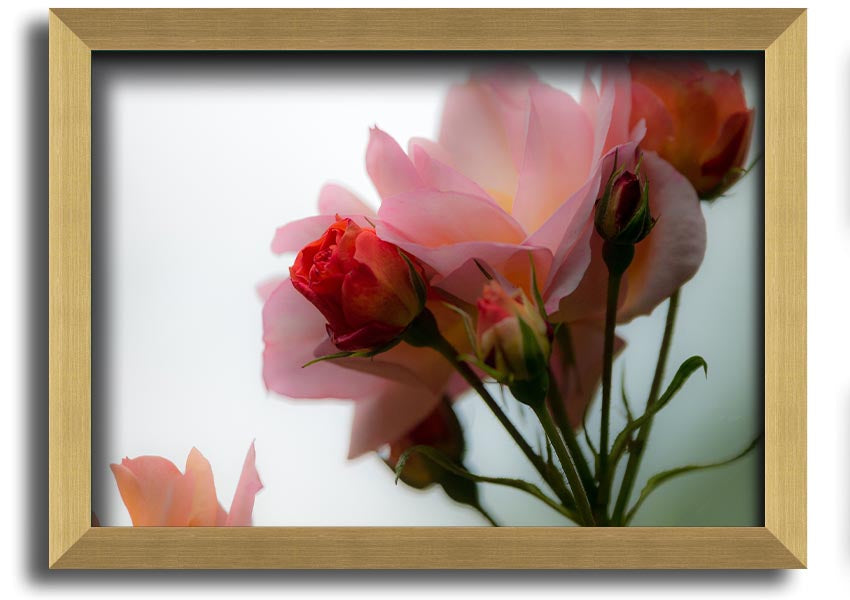 A beautifully framed print of an array of pink flowers, showcasing vibrant colors and intricate details, ready to hang on the wall.