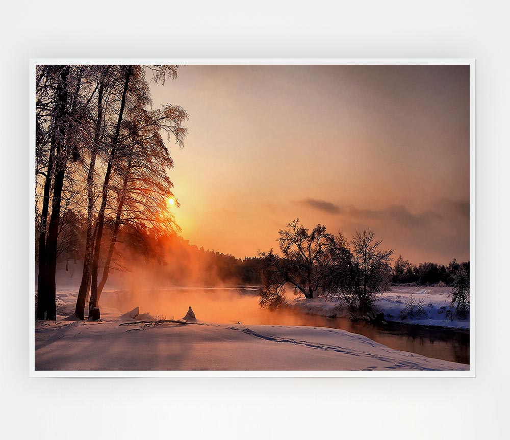 A beautifully printed canvas poster titled 'An Evening In December', showcasing a serene winter scene with vibrant colors.