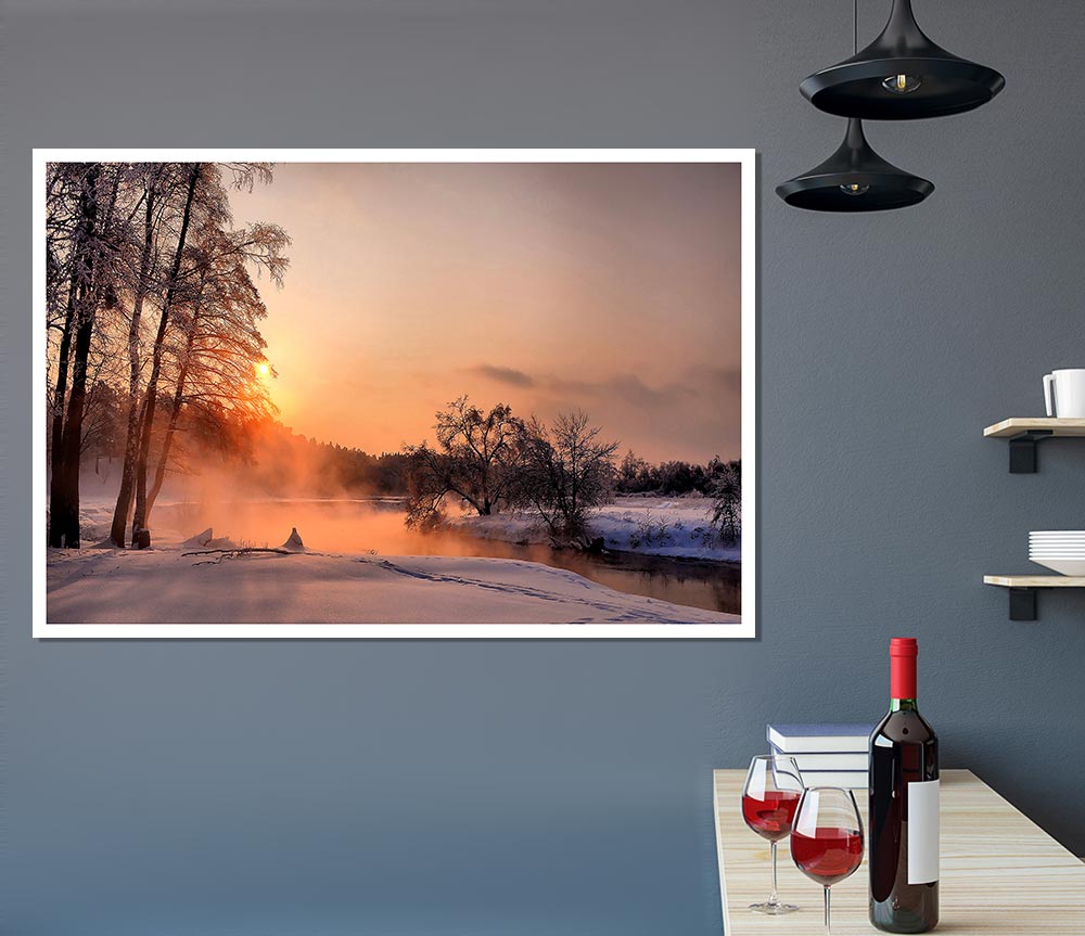 A beautifully printed canvas poster titled 'An Evening In December', showcasing a serene winter scene with vibrant colors.