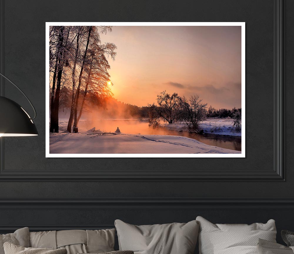 A beautifully printed canvas poster titled 'An Evening In December', showcasing a serene winter scene with vibrant colors.