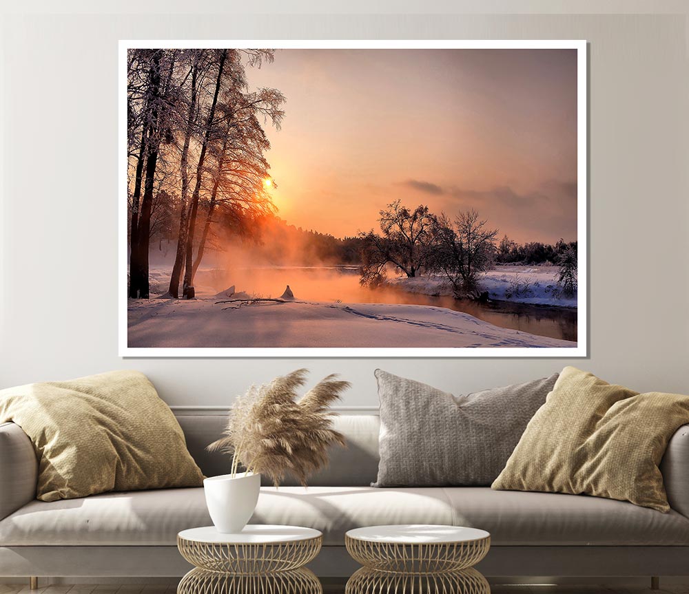 A beautifully printed canvas poster titled 'An Evening In December', showcasing a serene winter scene with vibrant colors.