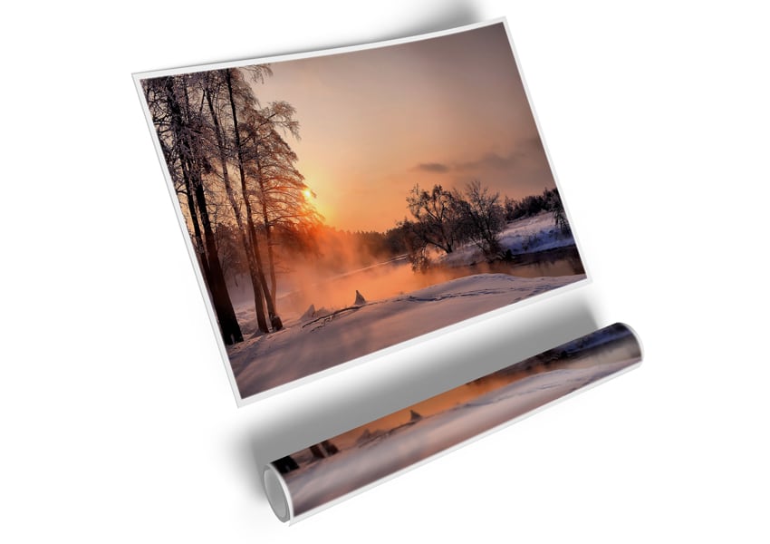 A beautifully printed canvas poster titled 'An Evening In December', showcasing a serene winter scene with vibrant colors.