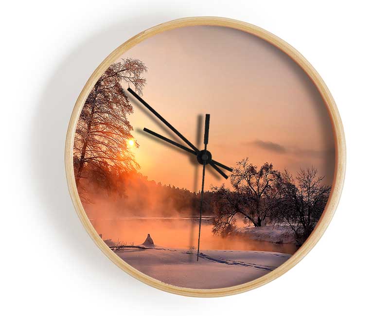 A stylish round clock made from natural bamboo, featuring a clear Plexiglas lens and available in black, white, and natural frame colors.