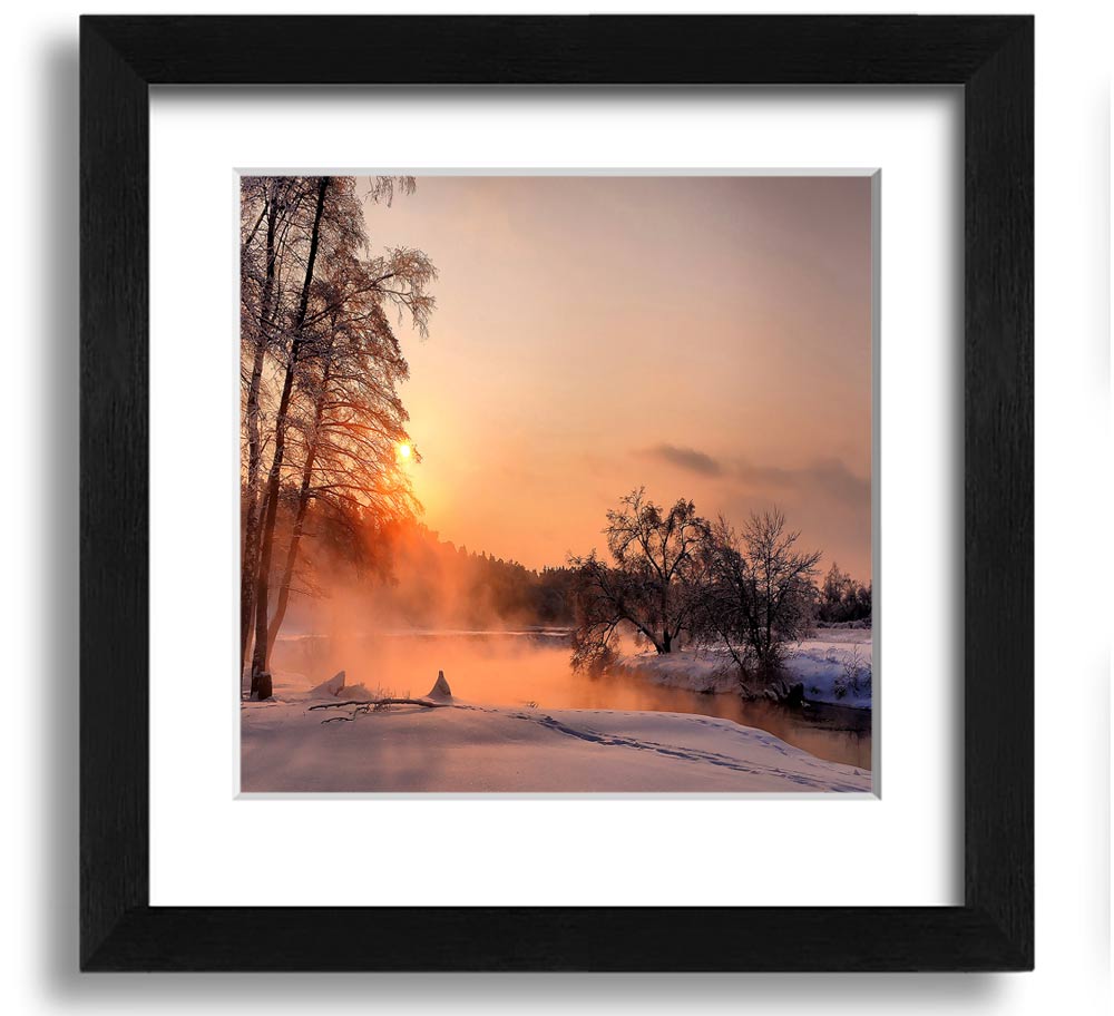 Square framed print titled 'An Evening In December', showcasing a serene winter scene, handmade in the UK.