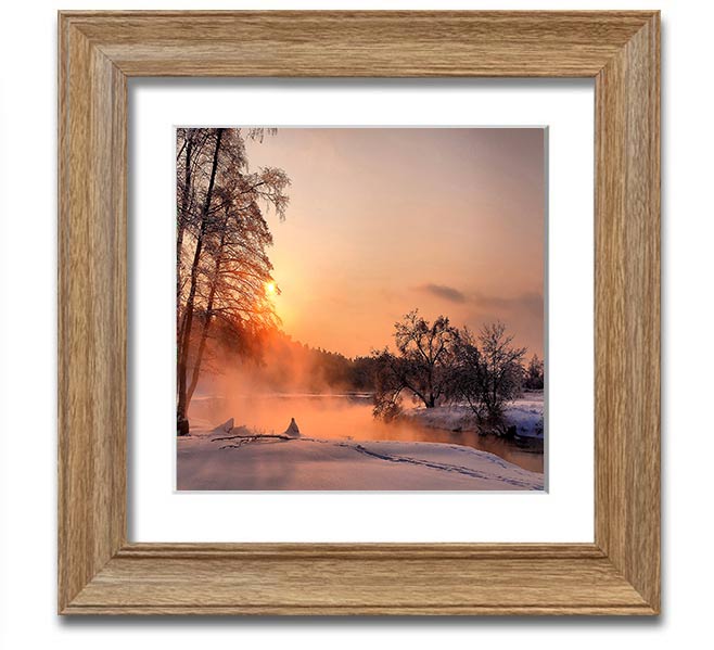 Square framed print titled 'An Evening In December', showcasing a serene winter scene, handmade in the UK.