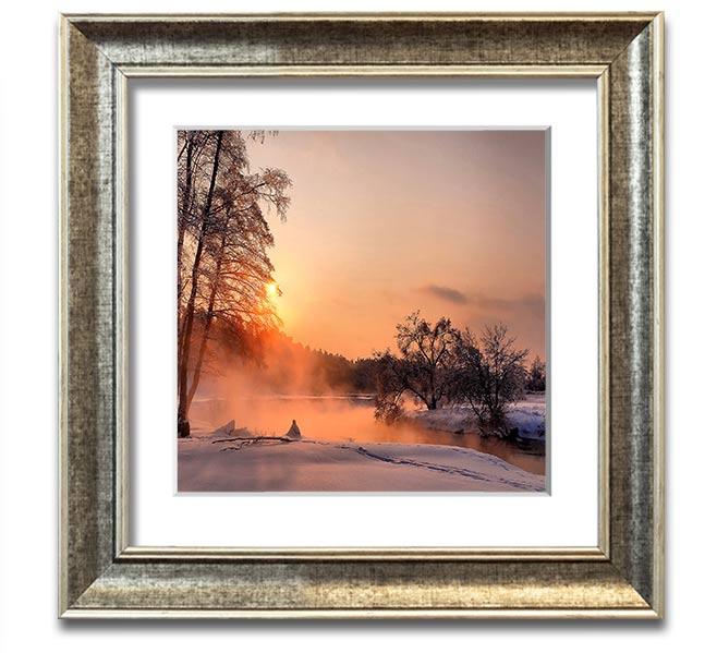 Square framed print titled 'An Evening In December', showcasing a serene winter scene, handmade in the UK.