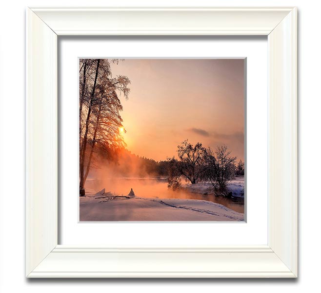 Square framed print titled 'An Evening In December', showcasing a serene winter scene, handmade in the UK.