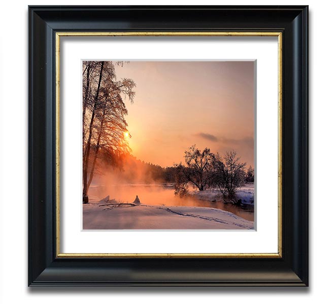 Square framed print titled 'An Evening In December', showcasing a serene winter scene, handmade in the UK.