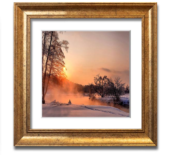 Square framed print titled 'An Evening In December', showcasing a serene winter scene, handmade in the UK.