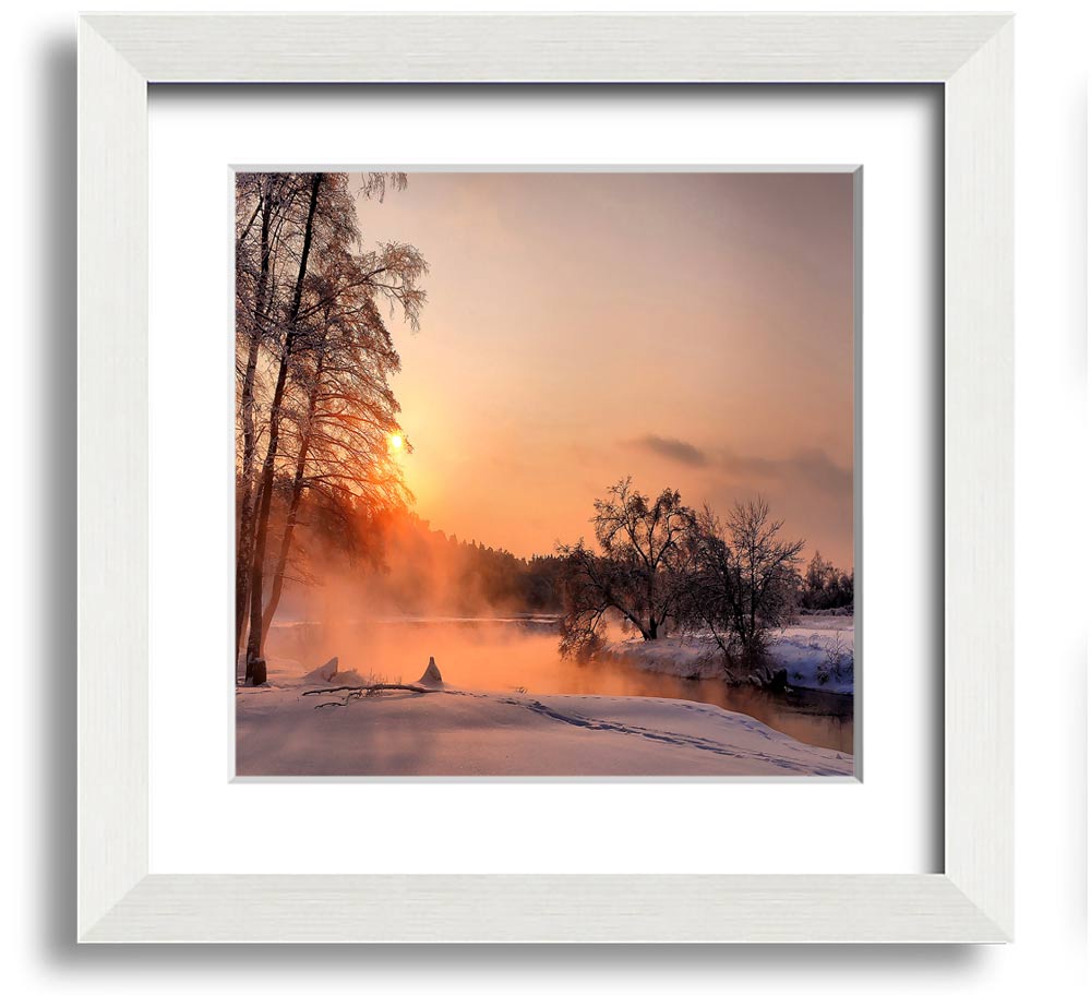 Square framed print titled 'An Evening In December', showcasing a serene winter scene, handmade in the UK.