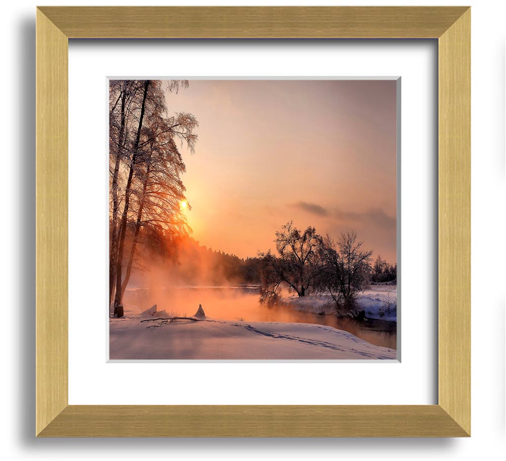 Square framed print titled 'An Evening In December', showcasing a serene winter scene, handmade in the UK.