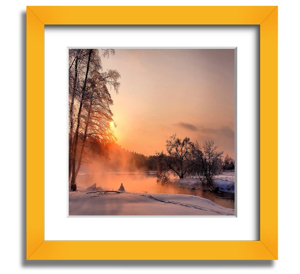 Square framed print titled 'An Evening In December', showcasing a serene winter scene, handmade in the UK.