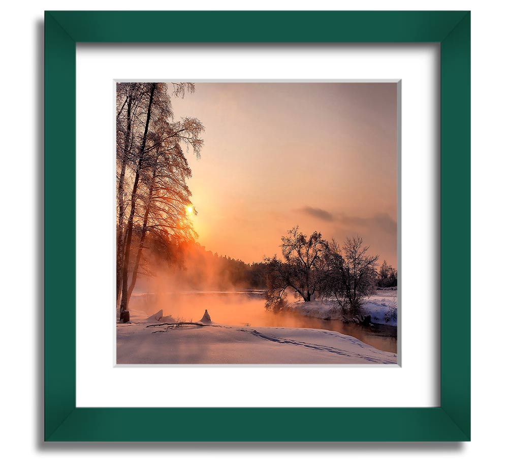 Square framed print titled 'An Evening In December', showcasing a serene winter scene, handmade in the UK.