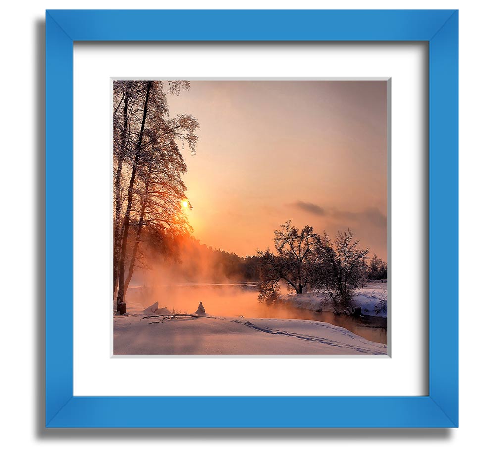 Square framed print titled 'An Evening In December', showcasing a serene winter scene, handmade in the UK.