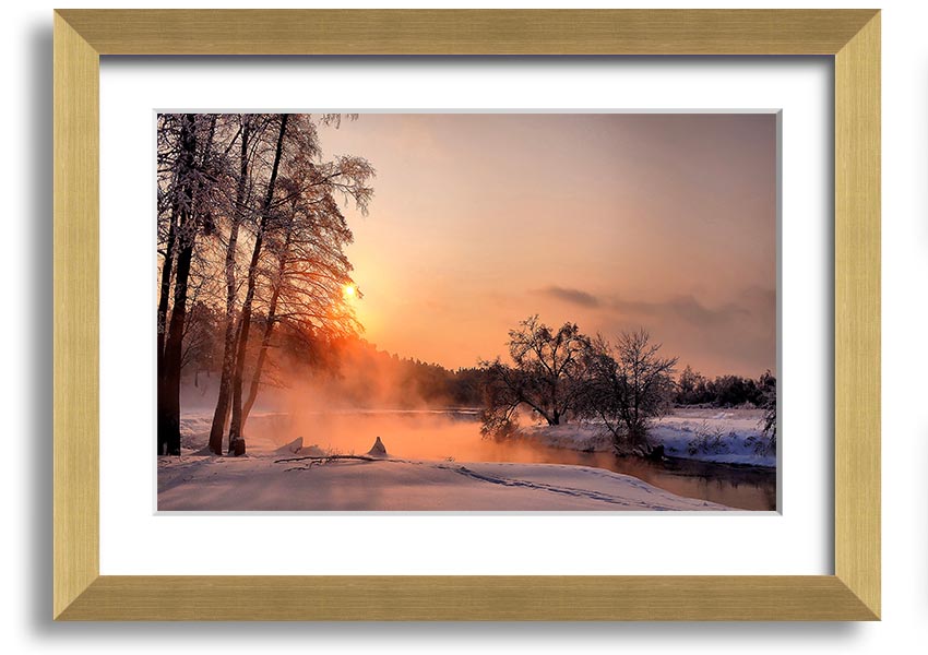 Framed print titled 'An Evening In December', showcasing a serene winter scene, available in various frame colors.