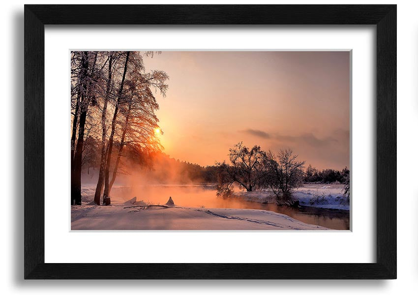 Framed print titled 'An Evening In December', showcasing a serene winter scene, available in various frame colors.