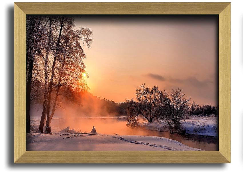 Framed print titled 'An Evening In December', showcasing a serene winter scene, available in various frame colors.