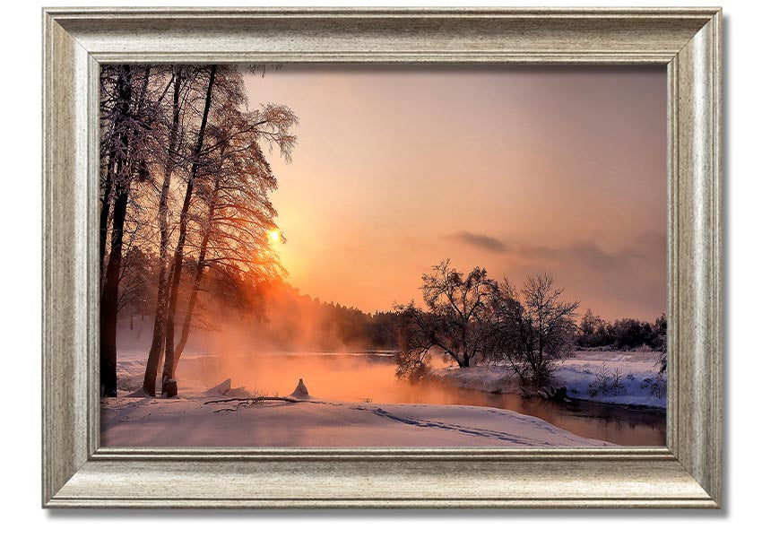 Framed print titled 'An Evening In December', showcasing a serene winter scene, available in various frame colors.