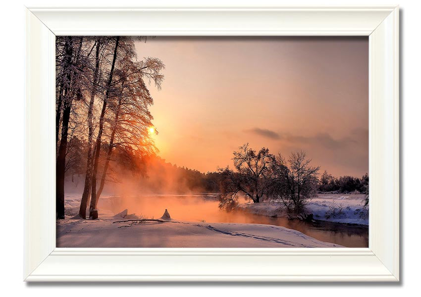 Framed print titled 'An Evening In December', showcasing a serene winter scene, available in various frame colors.