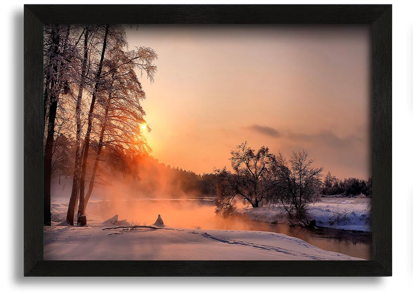 Framed print titled 'An Evening In December', showcasing a serene winter scene, available in various frame colors.