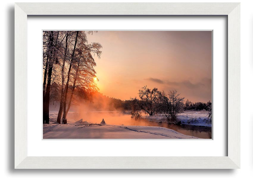 Framed print titled 'An Evening In December', showcasing a serene winter scene, available in various frame colors.