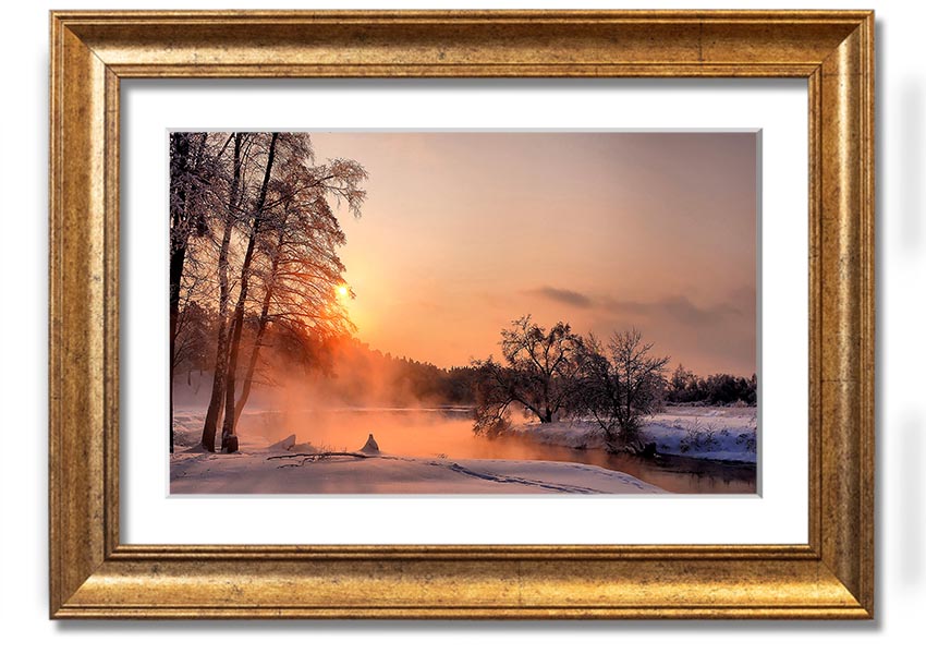 Framed print titled 'An Evening In December', showcasing a serene winter scene, available in various frame colors.