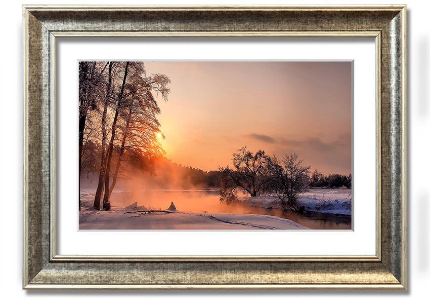 Framed print titled 'An Evening In December', showcasing a serene winter scene, available in various frame colors.