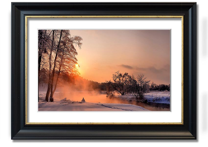 Framed print titled 'An Evening In December', showcasing a serene winter scene, available in various frame colors.