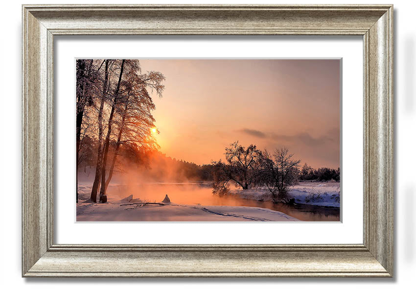 Framed print titled 'An Evening In December', showcasing a serene winter scene, available in various frame colors.