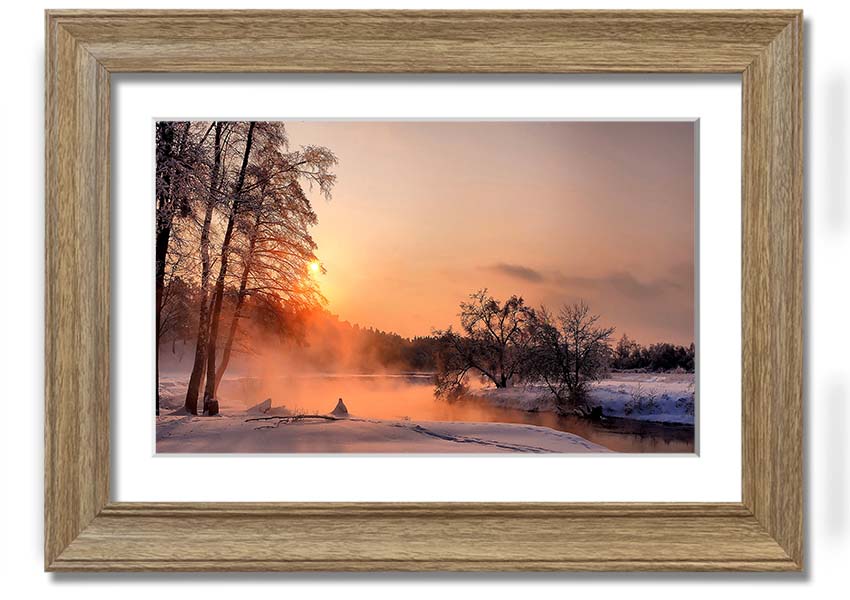 Framed print titled 'An Evening In December', showcasing a serene winter scene, available in various frame colors.