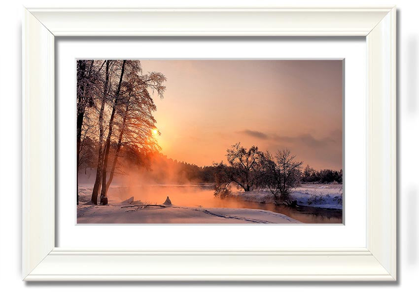 Framed print titled 'An Evening In December', showcasing a serene winter scene, available in various frame colors.