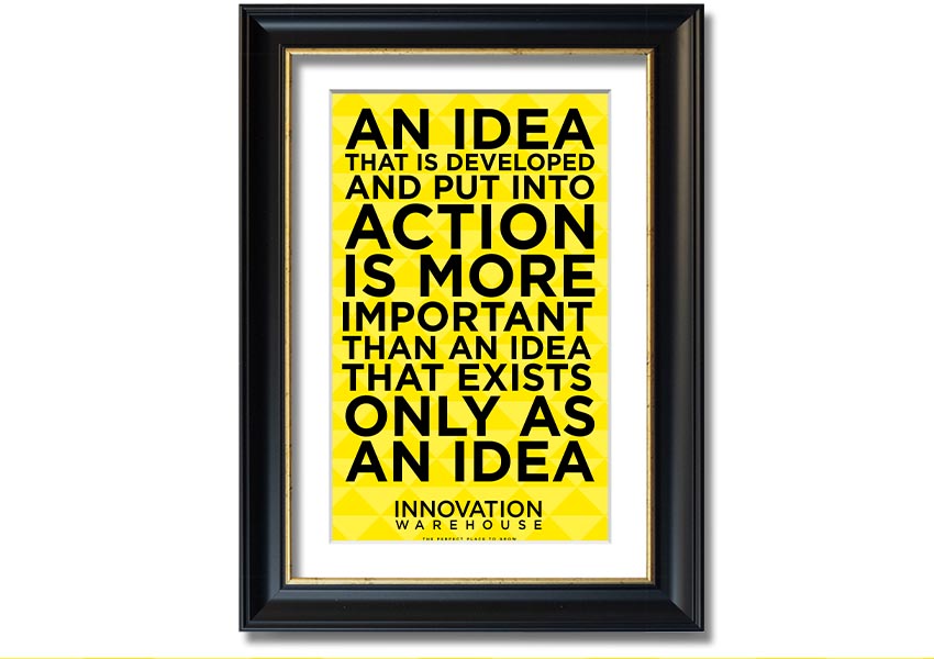 Framed print titled 'An Idea Put Into Action', showcasing vibrant colors and artistic design, available in various frame colors.