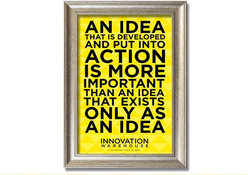 Framed print titled 'An Idea Put Into Action', showcasing vibrant colors and artistic design, available in various frame colors.