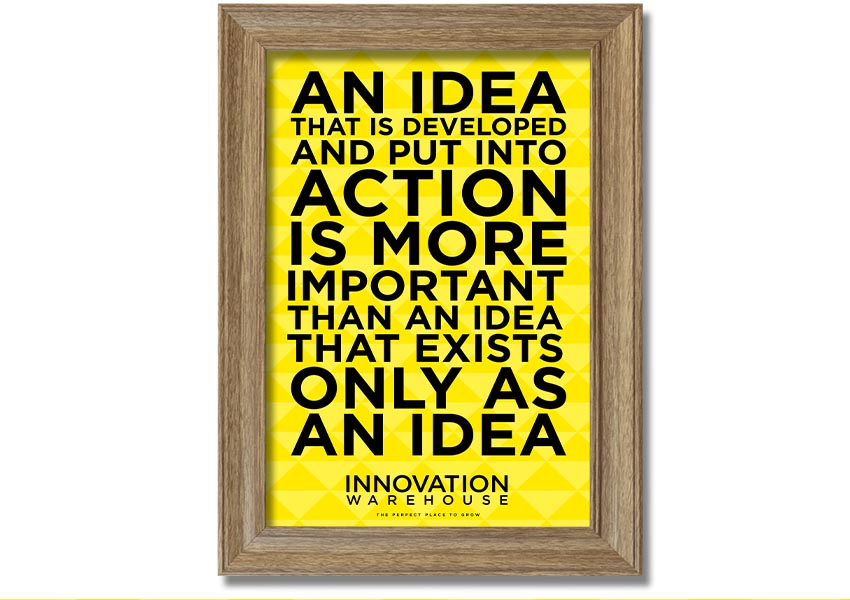 Framed print titled 'An Idea Put Into Action', showcasing vibrant colors and artistic design, available in various frame colors.