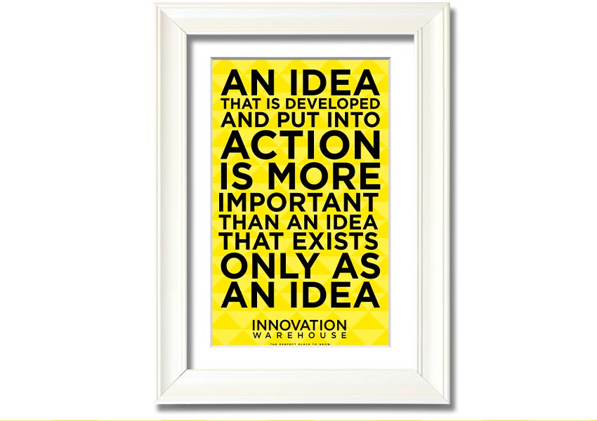 Framed print titled 'An Idea Put Into Action', showcasing vibrant colors and artistic design, available in various frame colors.