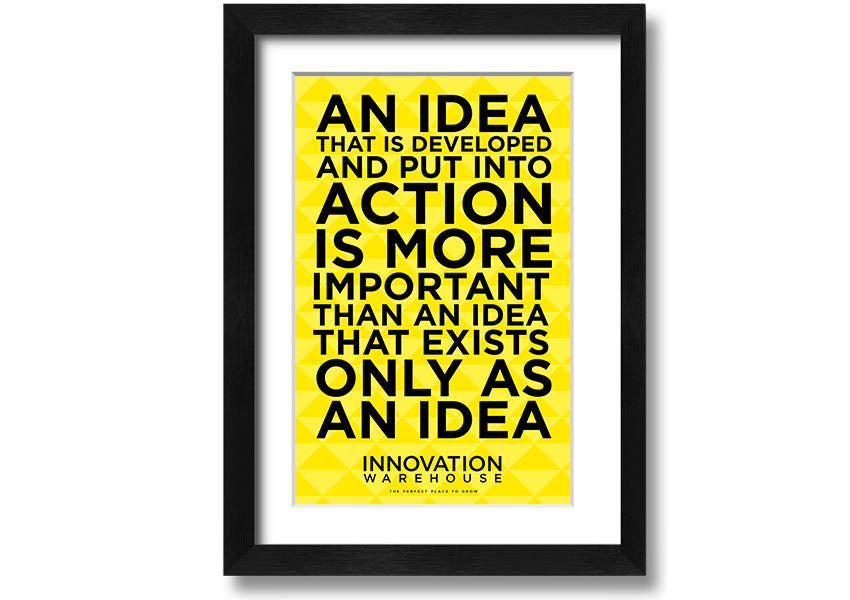 Framed print titled 'An Idea Put Into Action', showcasing vibrant colors and artistic design, available in various frame colors.