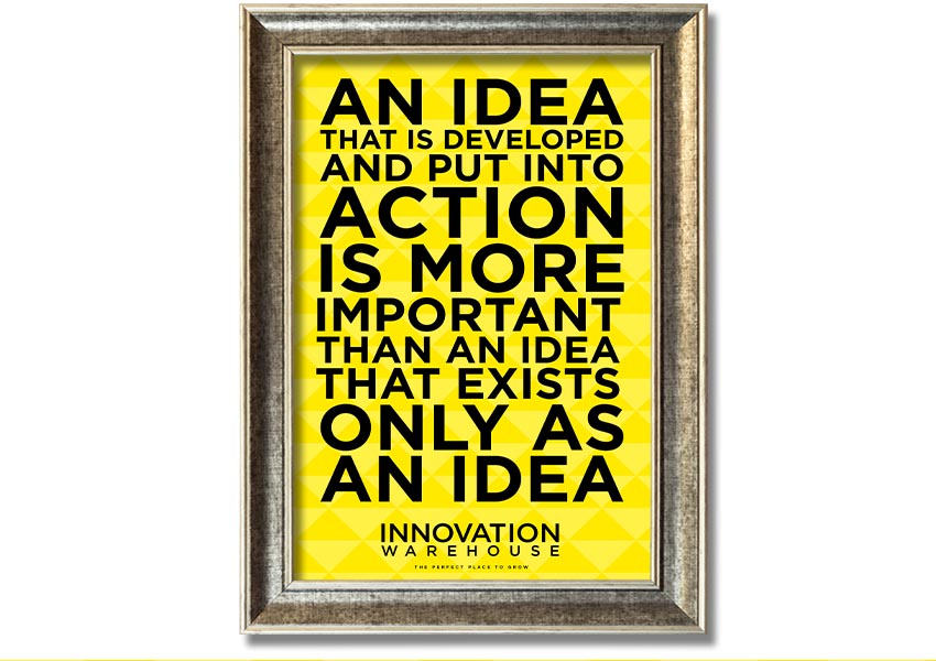 Framed print titled 'An Idea Put Into Action', showcasing vibrant colors and artistic design, available in various frame colors.