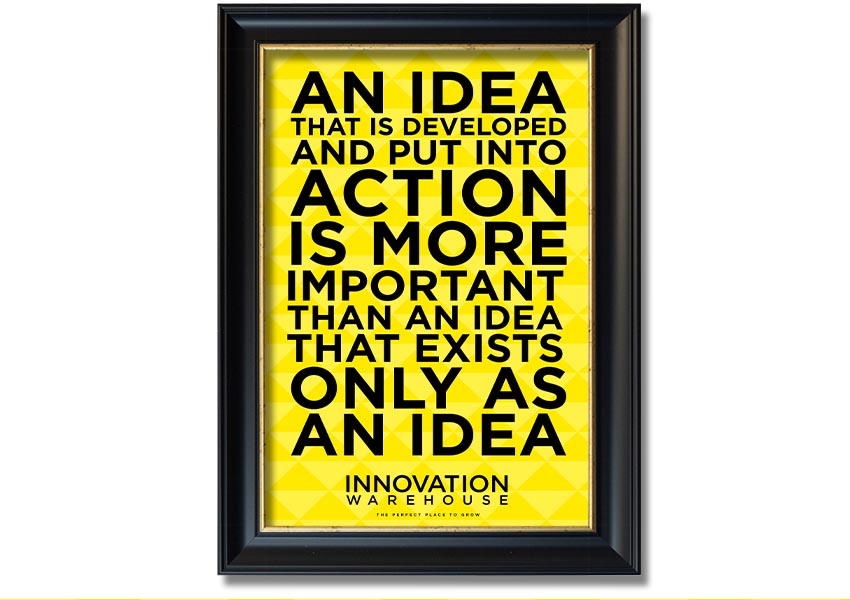 Framed print titled 'An Idea Put Into Action', showcasing vibrant colors and artistic design, available in various frame colors.