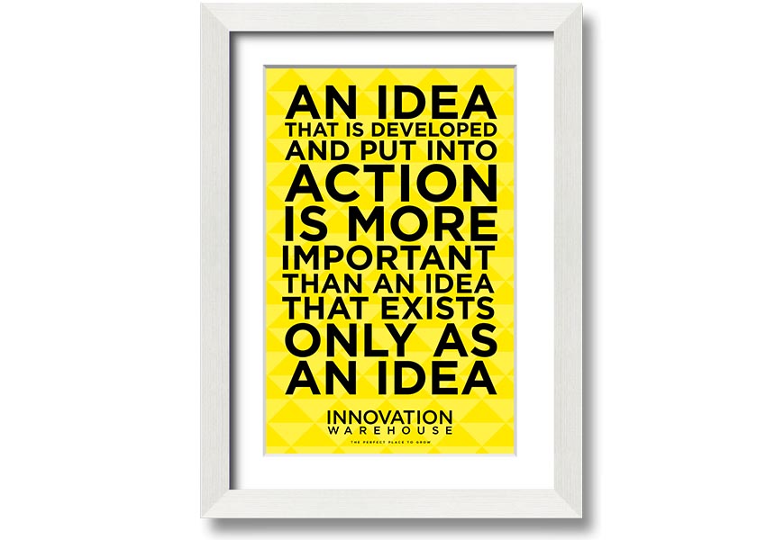 Framed print titled 'An Idea Put Into Action', showcasing vibrant colors and artistic design, available in various frame colors.