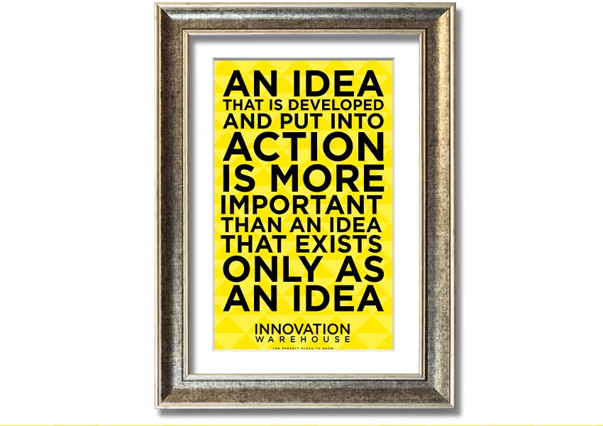 Framed print titled 'An Idea Put Into Action', showcasing vibrant colors and artistic design, available in various frame colors.