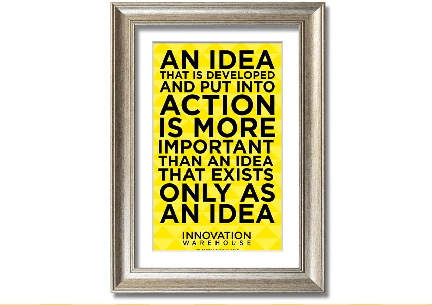 Framed print titled 'An Idea Put Into Action', showcasing vibrant colors and artistic design, available in various frame colors.